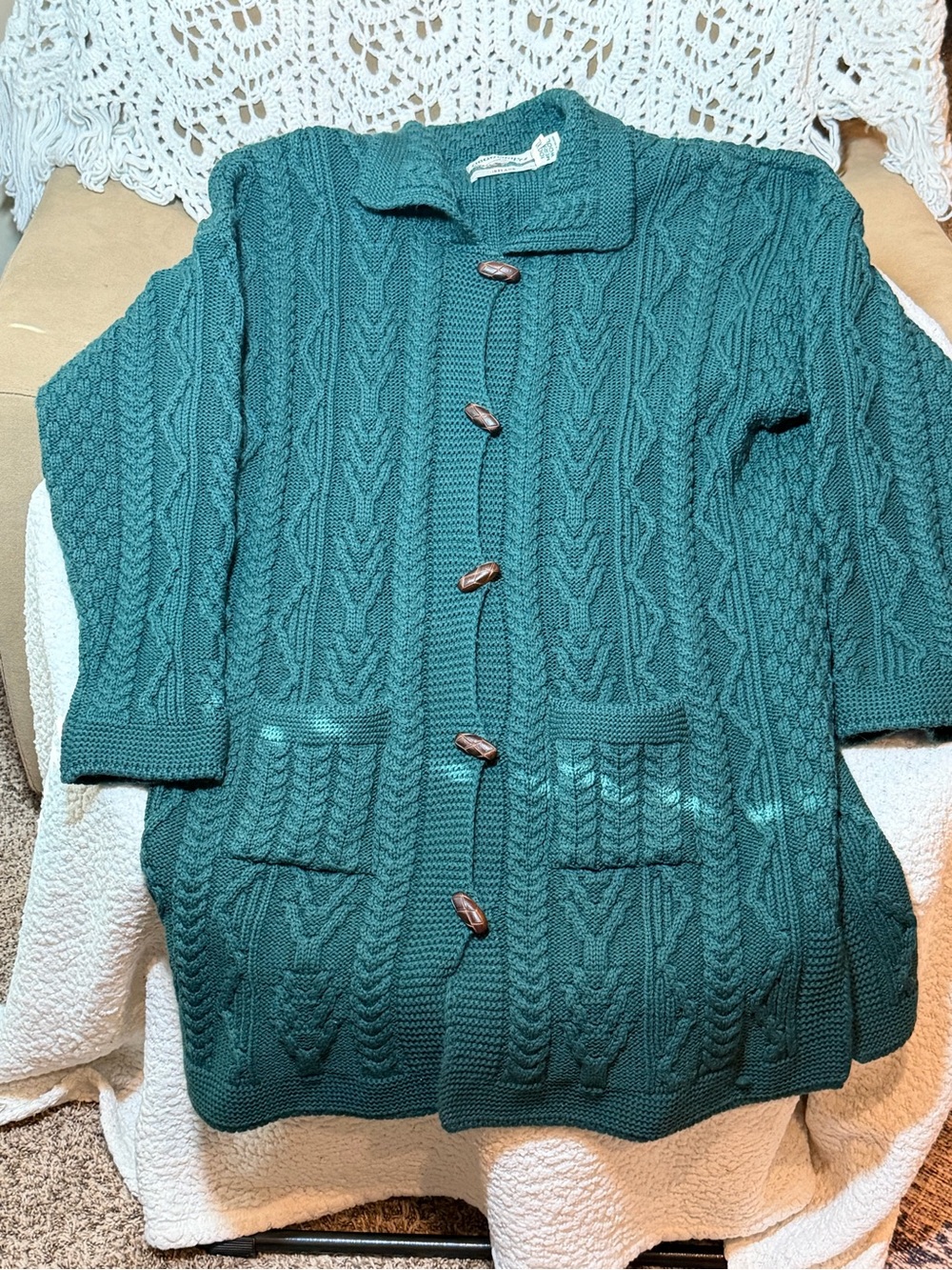 Aran Crafts Ireland 100% Merino Wool Cable Knit Sweater Coat XL